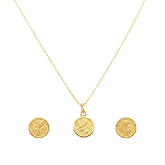 18K Real Gold Rose Flower Necklace And Earring Set