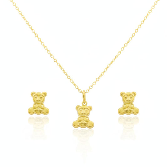 18K Real Gold Teddy Necklace And Earring Set