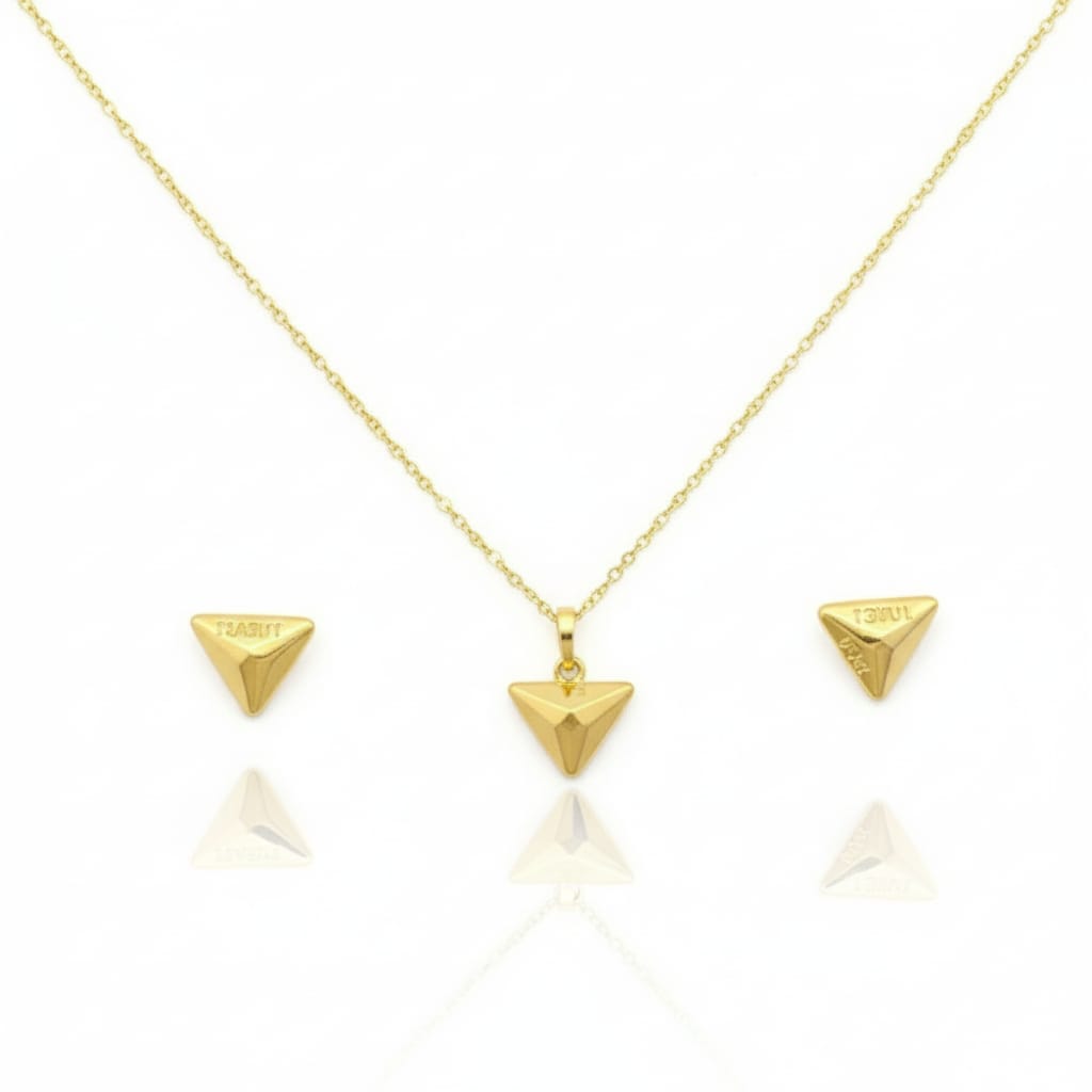 18K Real Gold Triangle Necklace And Earring Set