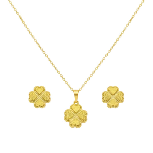 18K Real Gold Four Petals Necklace And Earring Set