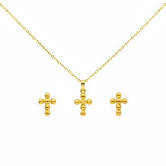 18k Gold Bubble Cross Jewelry Set