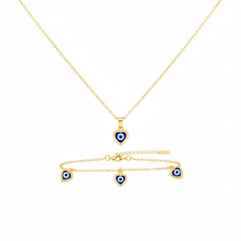 18K Real Gold Evil Eye Heart Design Necklace And Bracelet