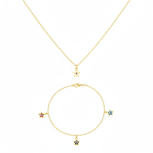 18K Real Gold Star Evil Eye Set