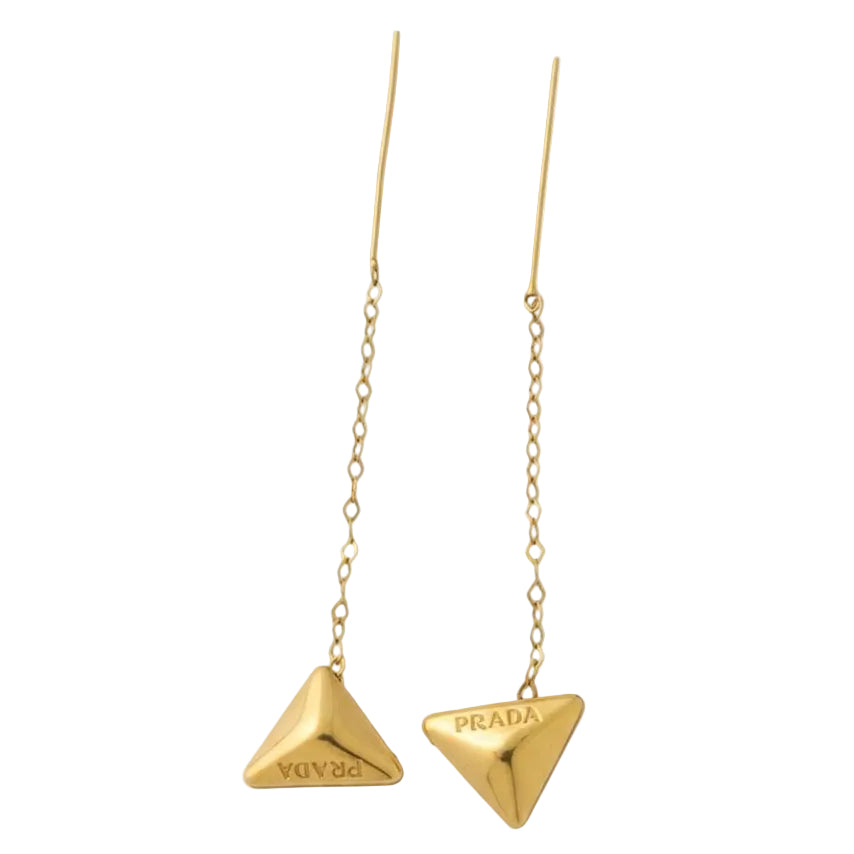 Gold triangle-shaped earrings with 'Prada' logo on a white background