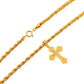 Gold necklace with a cross pendant on a black background