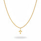 Gold necklace with cross pendant on a black velvet stand