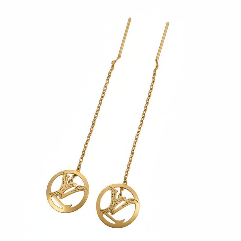 Gold necklace with circular pendants on a white background