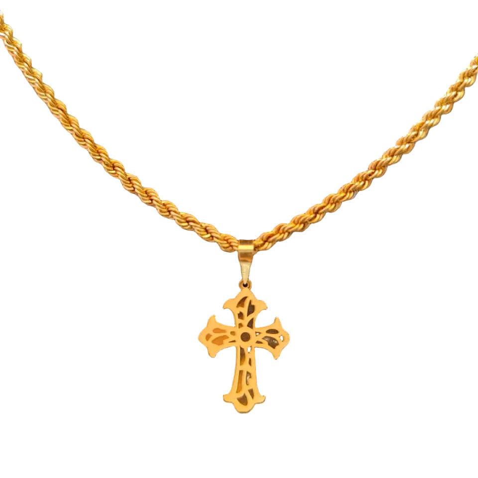 Gold necklace with a cross pendant on a black background