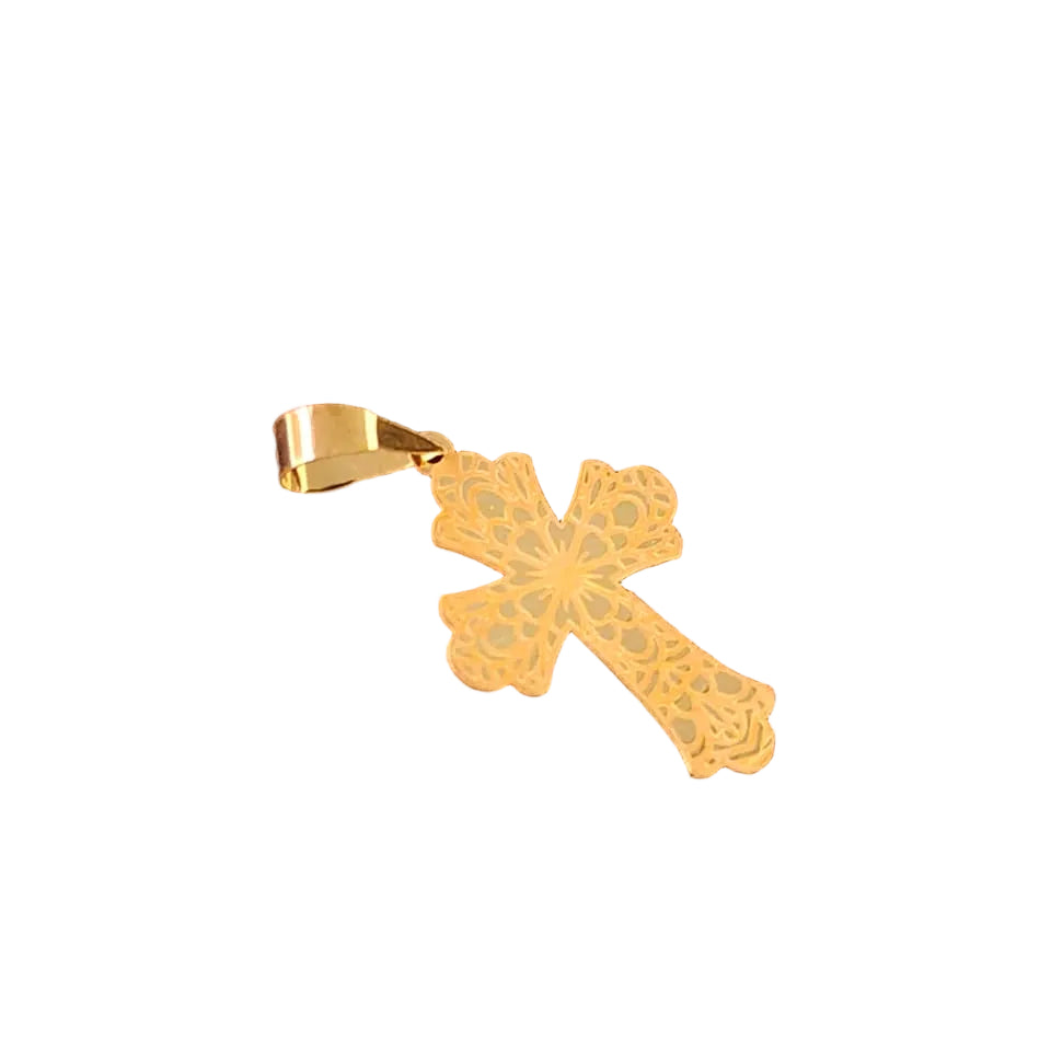 Gold cross pendant on a black background