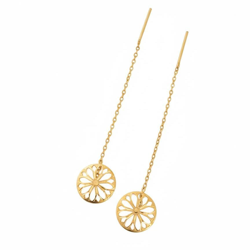 Gold earrings with floral designs on a white background