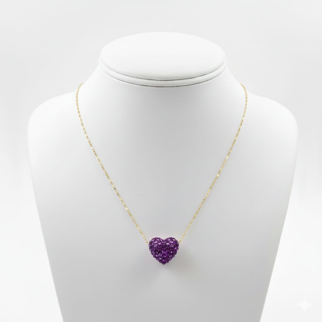 Necklace with a purple heart-shaped pendant on a mannequin bust against a white background