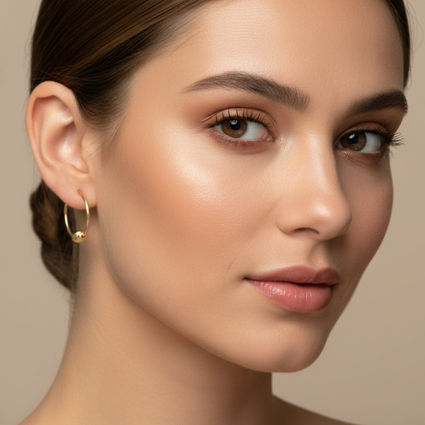 Gold hoop earrings on a light gray background with weight and material information.