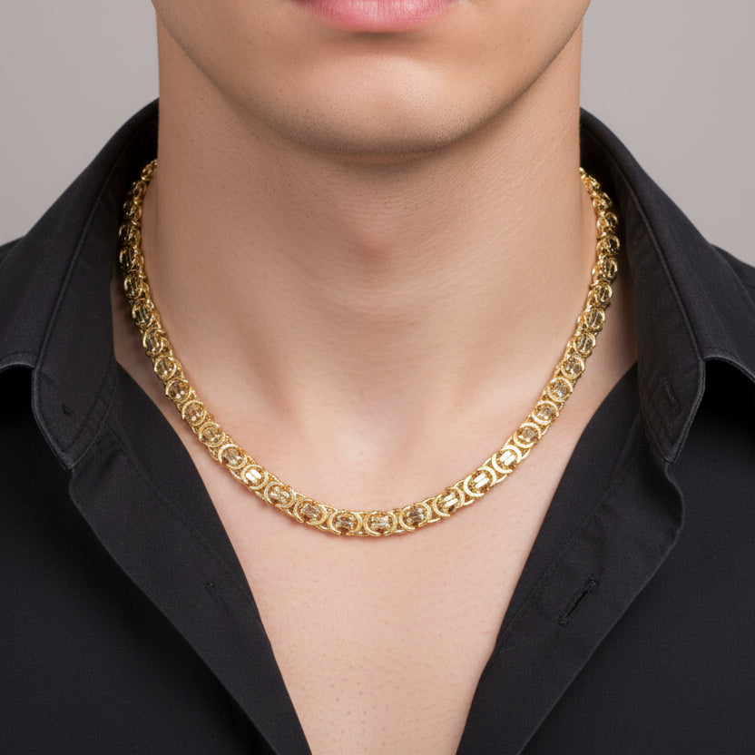 Gold chain necklace on a mannequin with weight and length details.