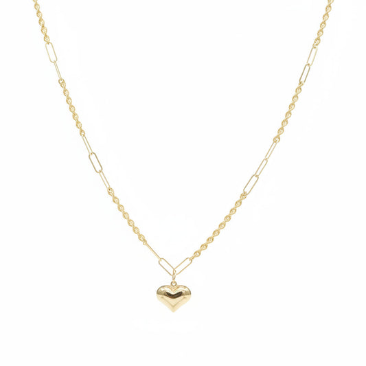 Gold necklace with a heart pendant on a mannequin neck, showing weight and code.