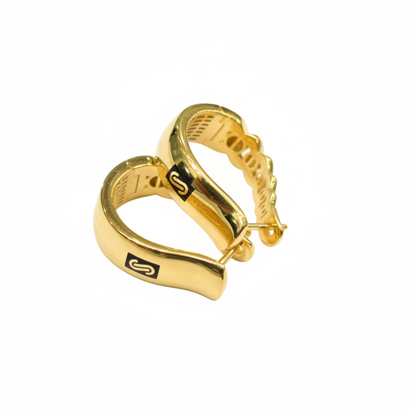 Gold hoop earrings on a light gray background with weight and code information.