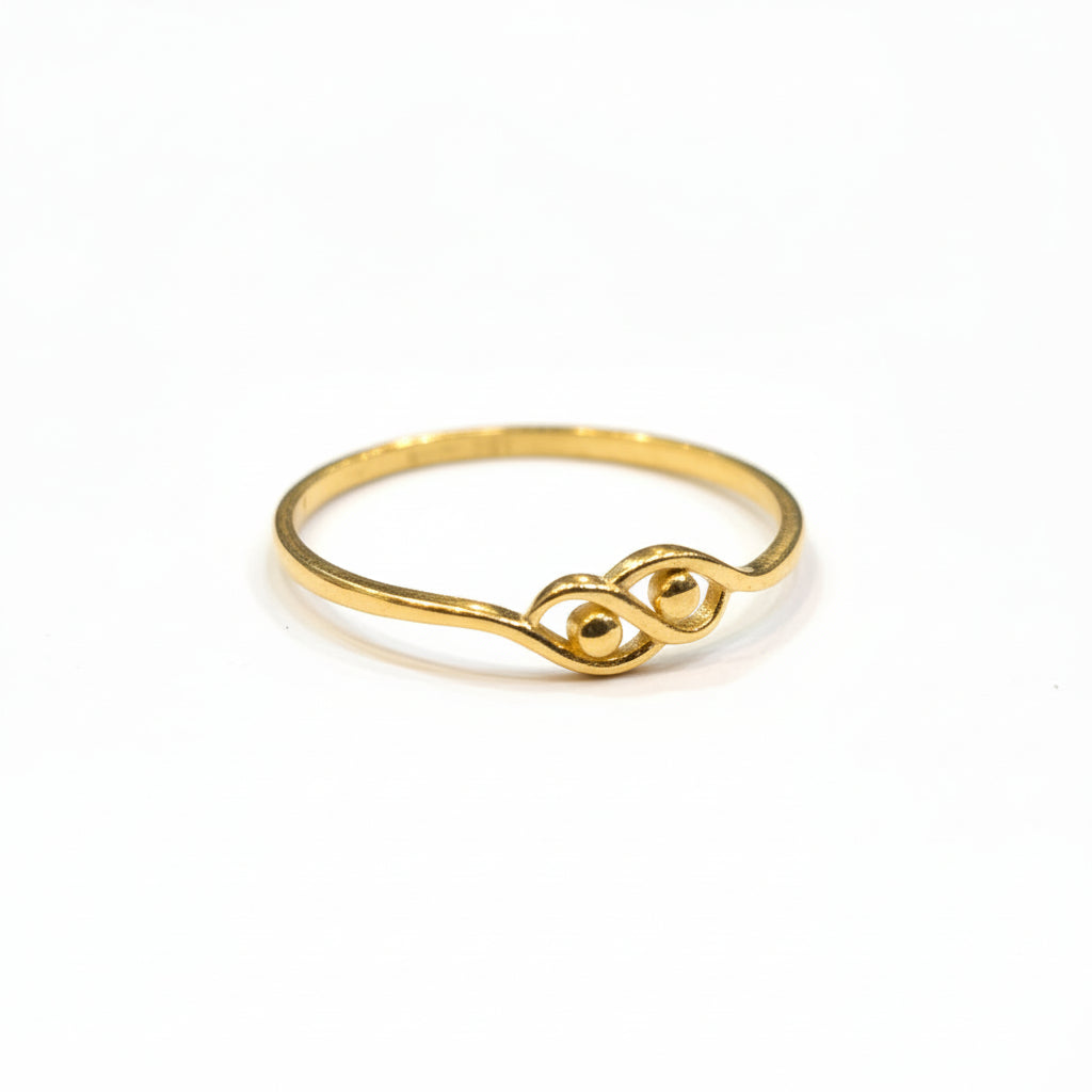Gold ring on a gray background with weight and code label.