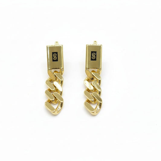 Gold chain earrings and pendant on a gray background with weight information.