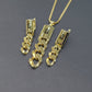 Gold chain earrings and pendant on a gray background with weight information.