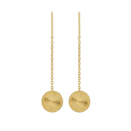 Gold chain earrings with round, textured discs on a white background