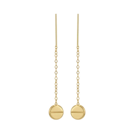 Gold earrings with round pendants on thin chains against a white background