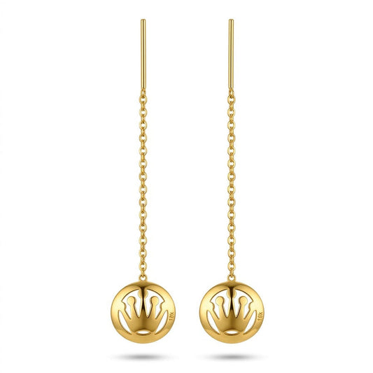 Gold earrings with chain designs on a white background