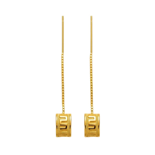 Gold earrings with square designs on a white background