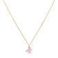 Gold necklace with a pink heart pendant on a white background
