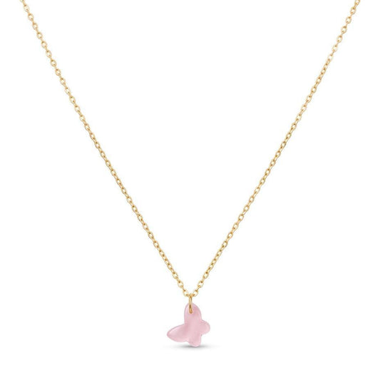 Gold necklace with a pink heart pendant on a white background