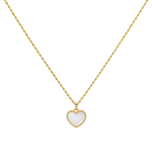 Gold necklace with a heart-shaped pendant on a white background