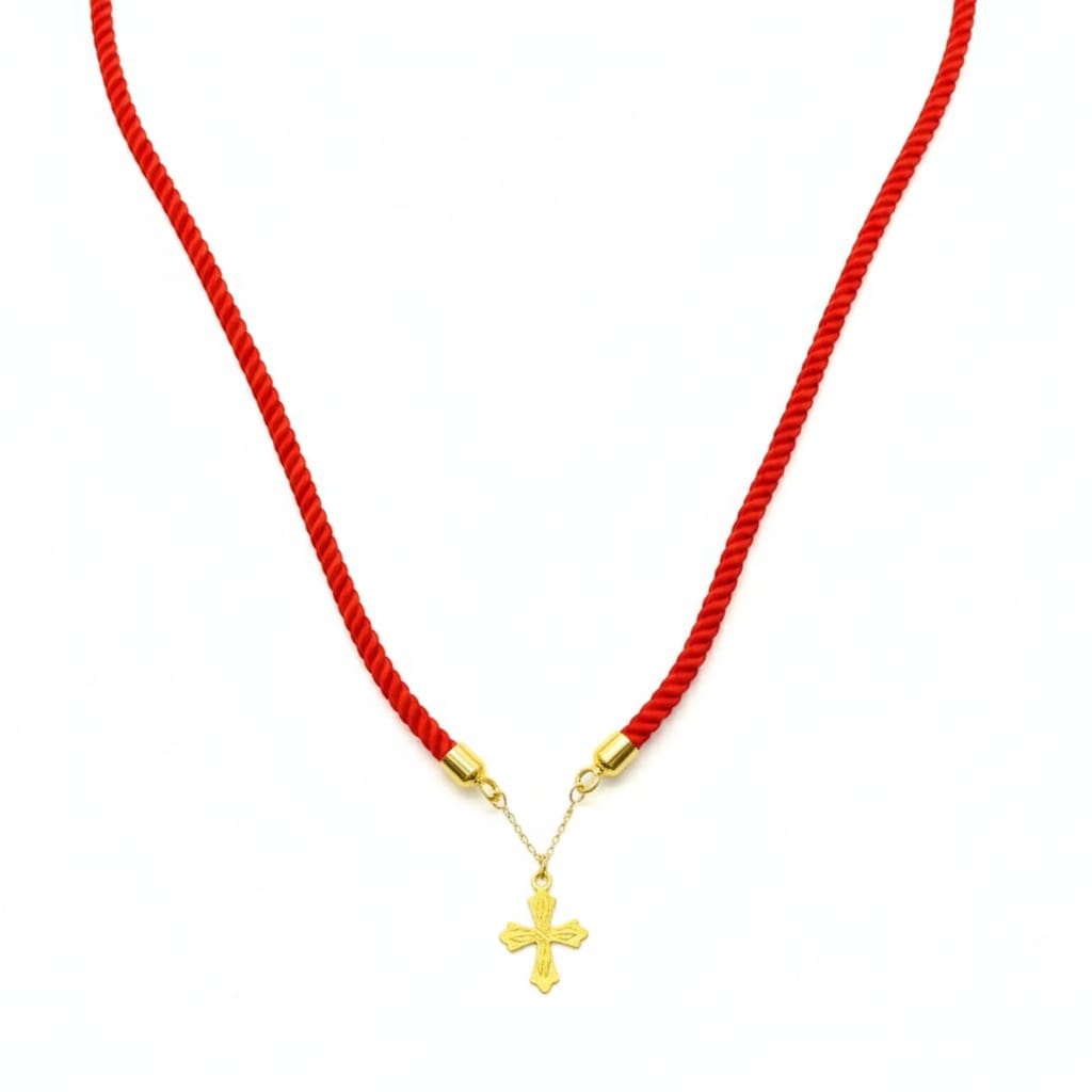 Red cord necklace with a gold cross pendant on a white background