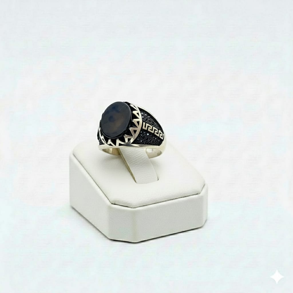 925 Silver Maze Black Stone Ring