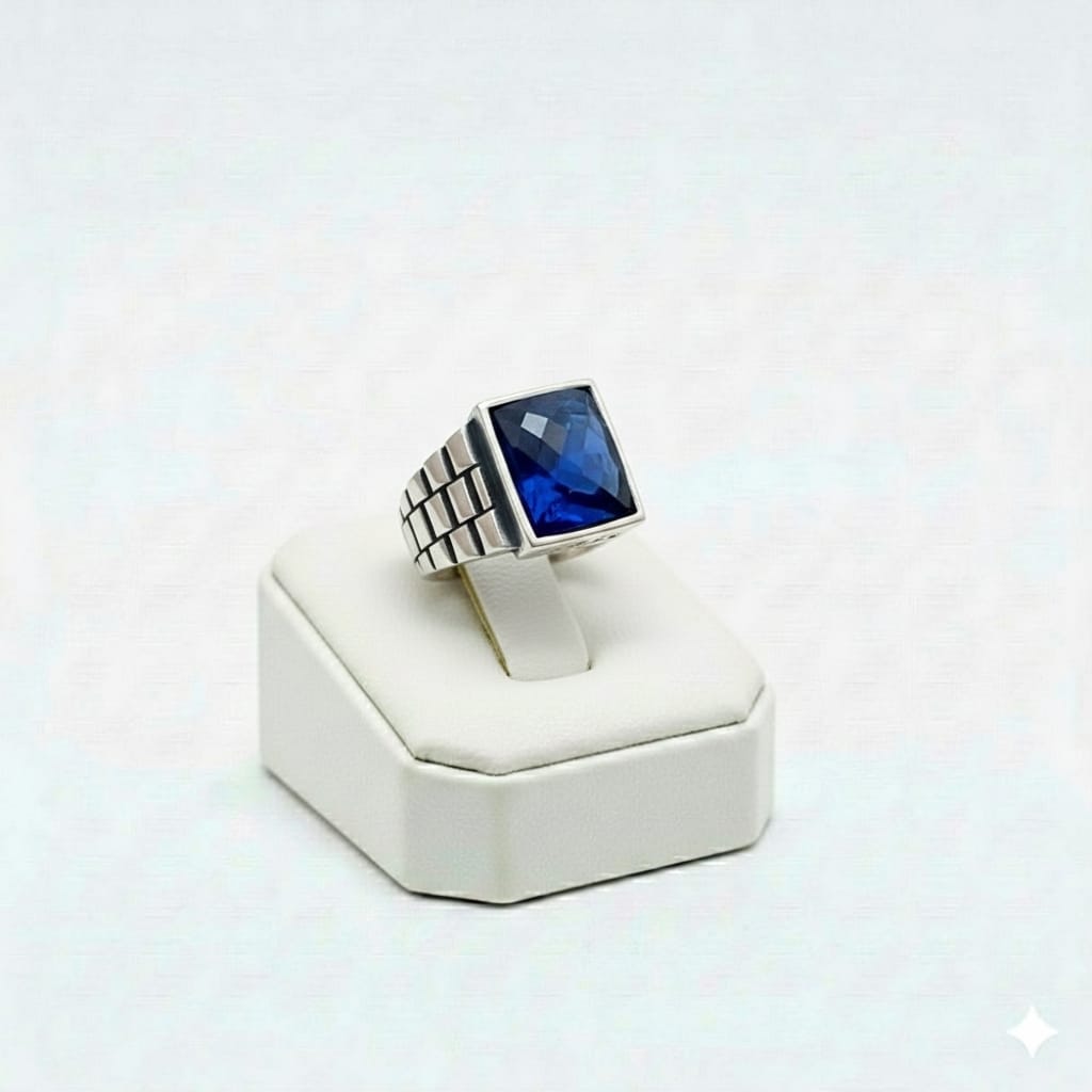 925 Silver Brick Blue Stone Ring