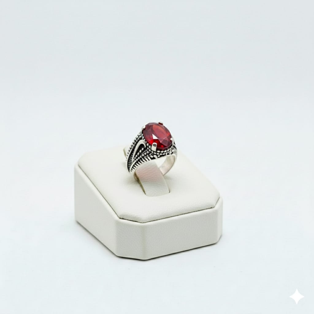 925 Silver Round Red Stone Ring