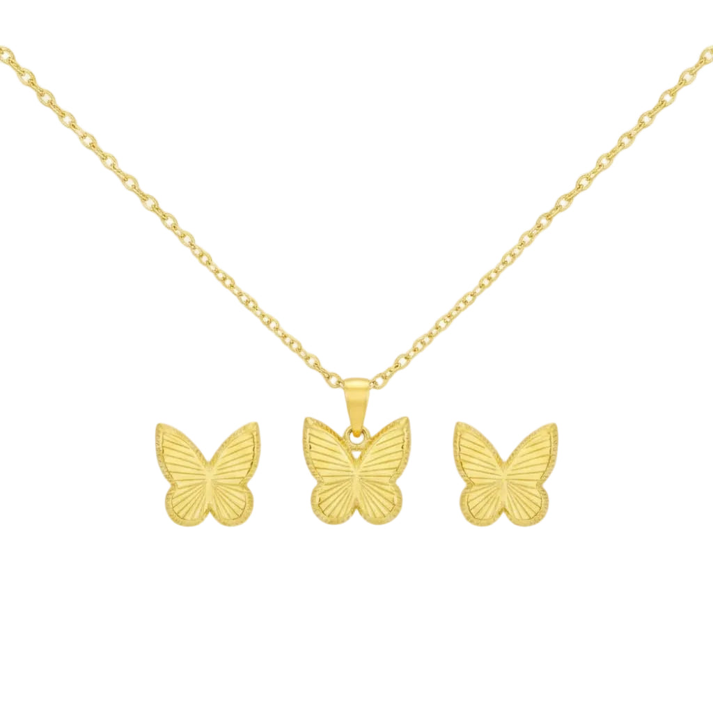 Gold butterfly necklace, pendant, and earrings on a white background