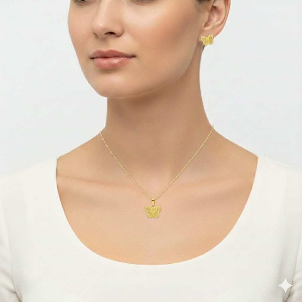 18K Real Gold Butterfly Field Necklace And Earring Set