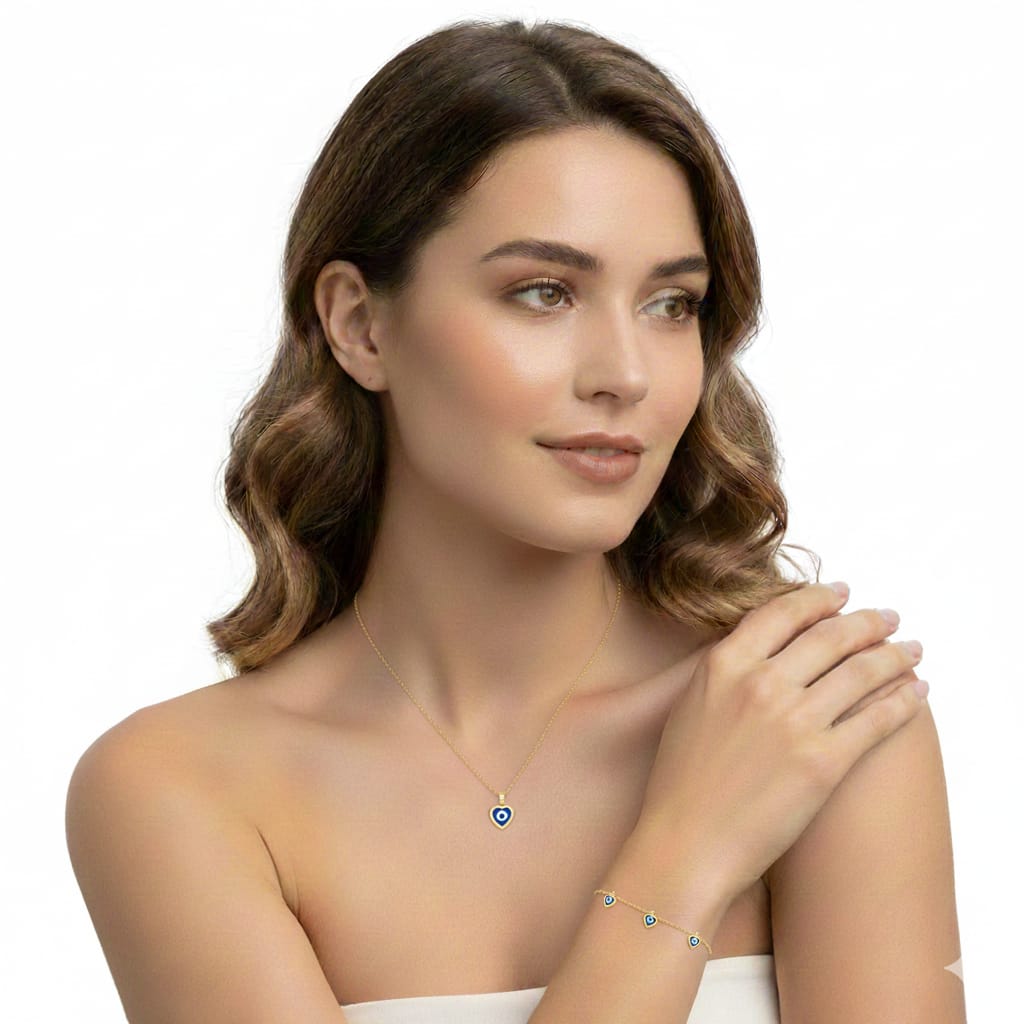 18K Real Gold Evil Eye Heart Design Necklace And Bracelet