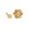 Gold flower-shaped earring with '750' marking on a white background