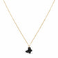 Gold necklace with a black heart pendant on a white background