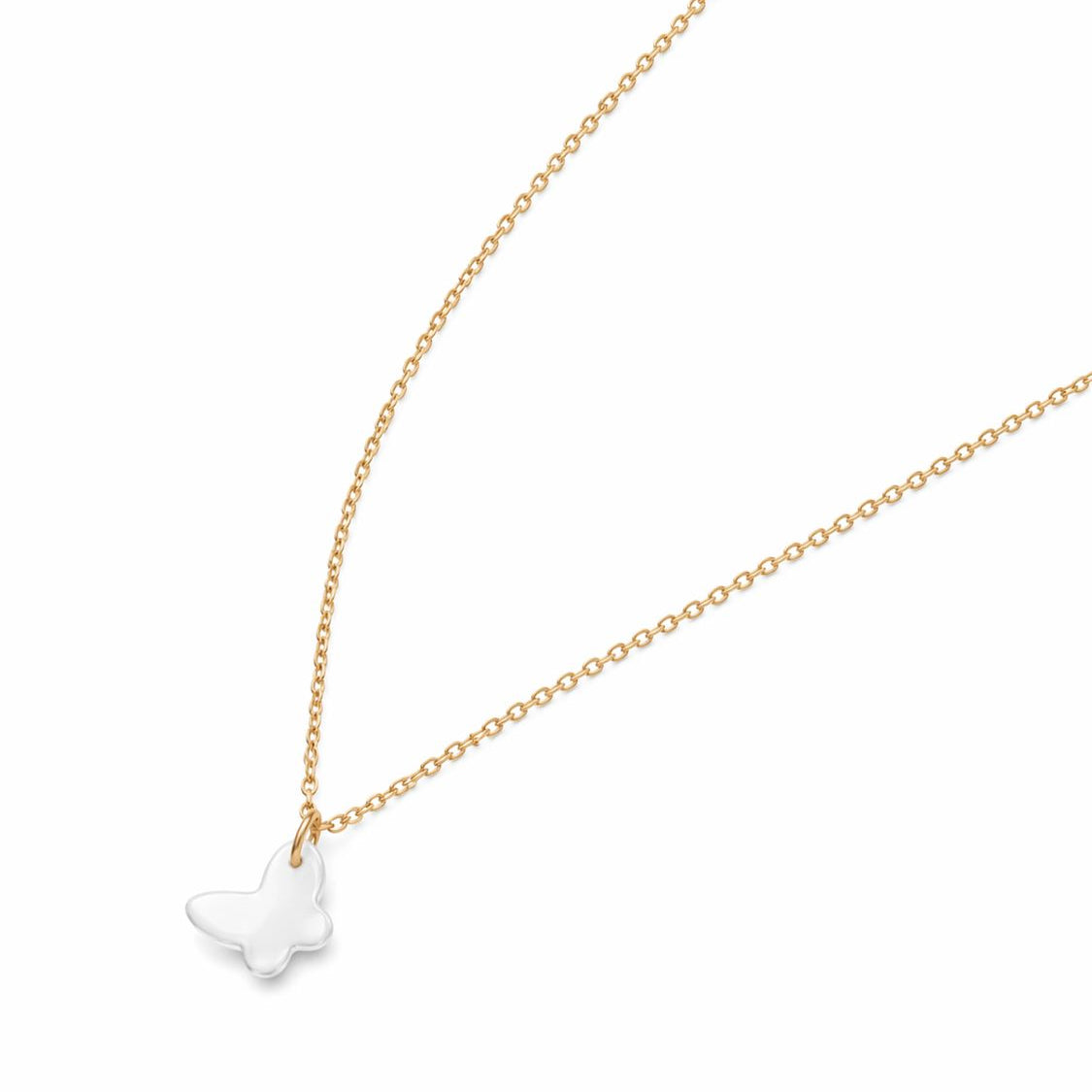 Gold necklace with a white butterfly pendant on a white background