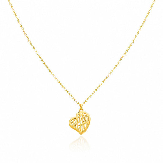 Gold heart-shaped pendant necklace on a white background