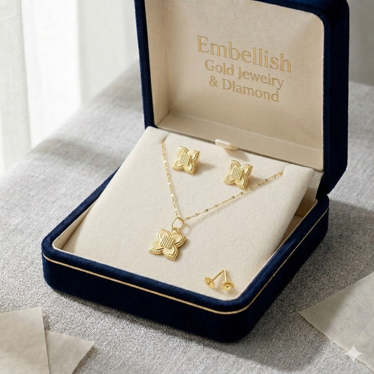 18K Real Gold Rob Flower Necklace And Earring Set