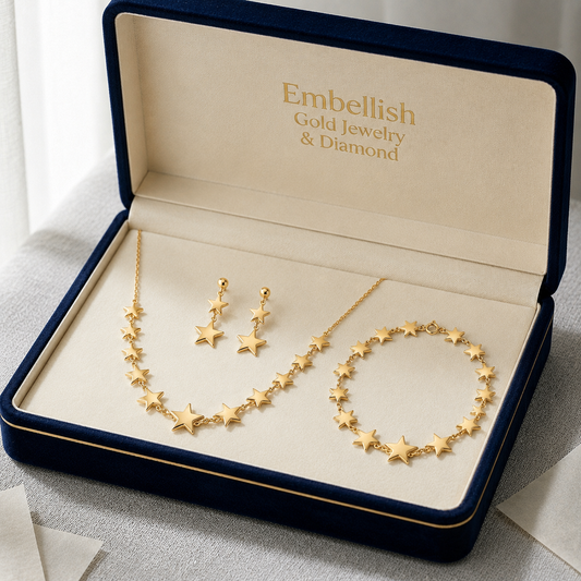 Gold jewelry set including necklace, earrings, and bracelet in an 'Embellish' box.