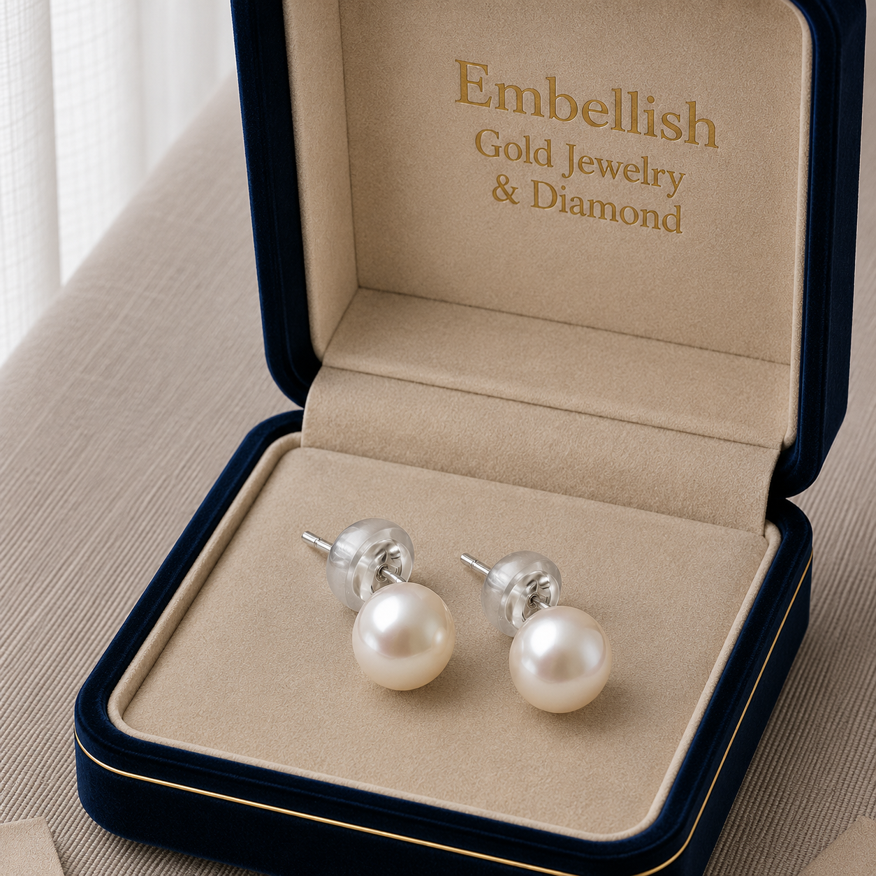 Pearl earrings in a jewelry box with 'Embellish Gold Jewelry & Diamond' branding.