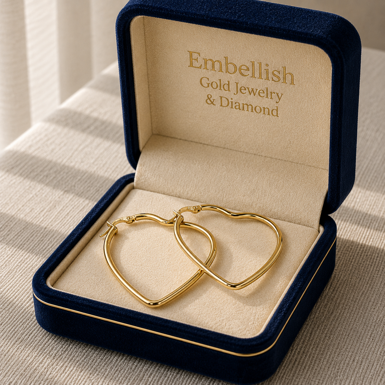 Gold heart-shaped earrings in a 'Embellish Gold Jewelry & Diamond' box.
