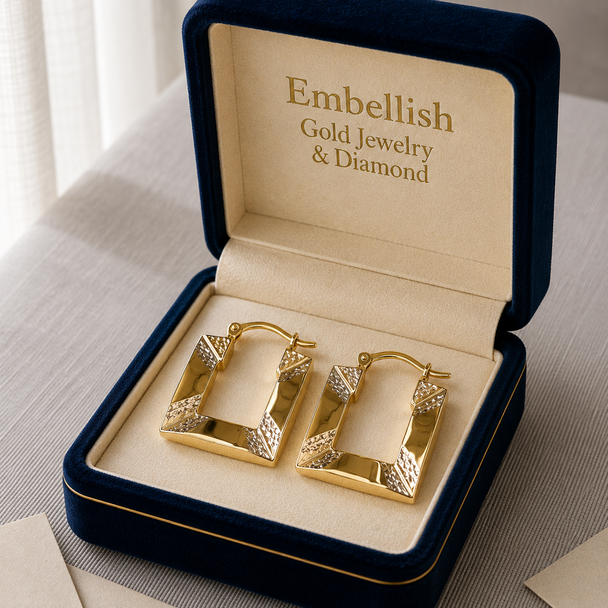 Gold earrings in a 'Embellish Gold Jewelry & Diamond' box on a textured surface.