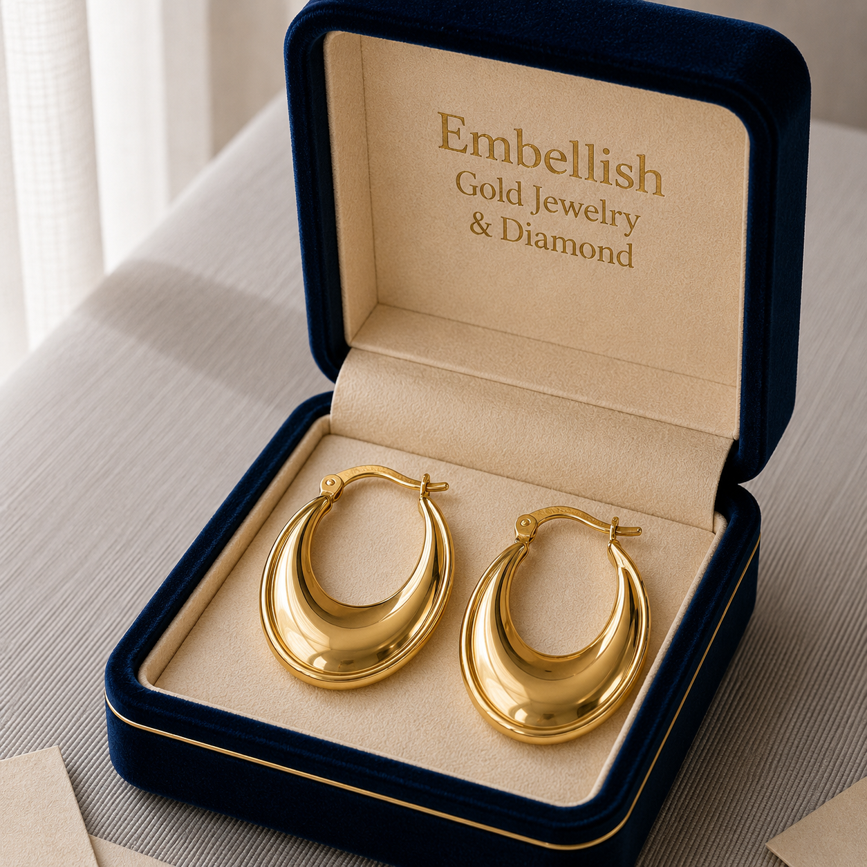 Gold hoop earrings in a 'Embellish Gold Jewelry & Diamond' box on a light surface.