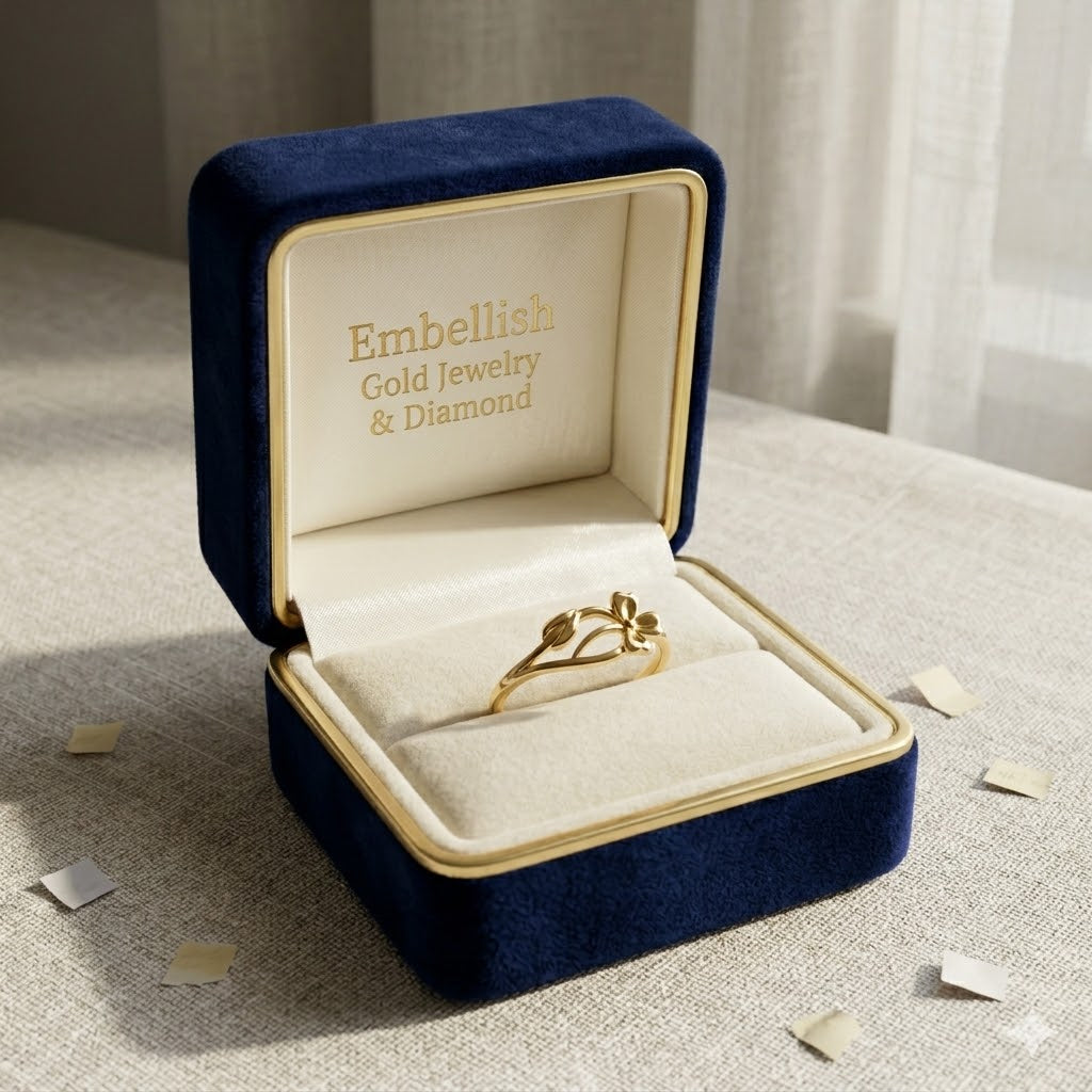 Gold ring in a blue jewelry box with 'Embellish Gold Jewelry & Diamond' text.