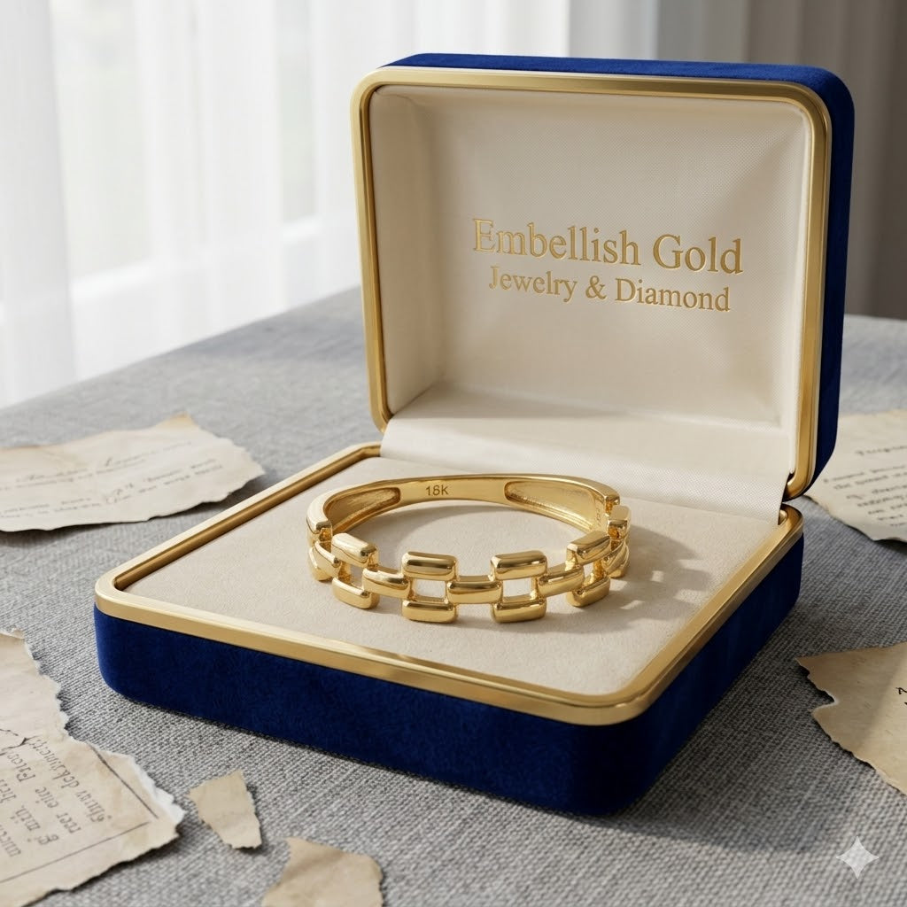 Gold ring in a jewelry box with 'Embellish Gold' branding on a textured surface.
